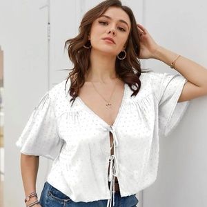 White Swiss Dot Double Tie Cropped Blouse